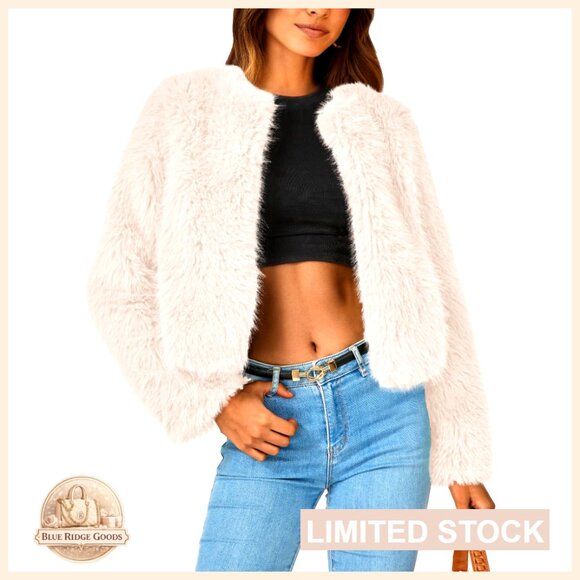 Faux Fur Cropped Jacket Fleece Shaggy Chic Oversized Winter Outerwear Pockets